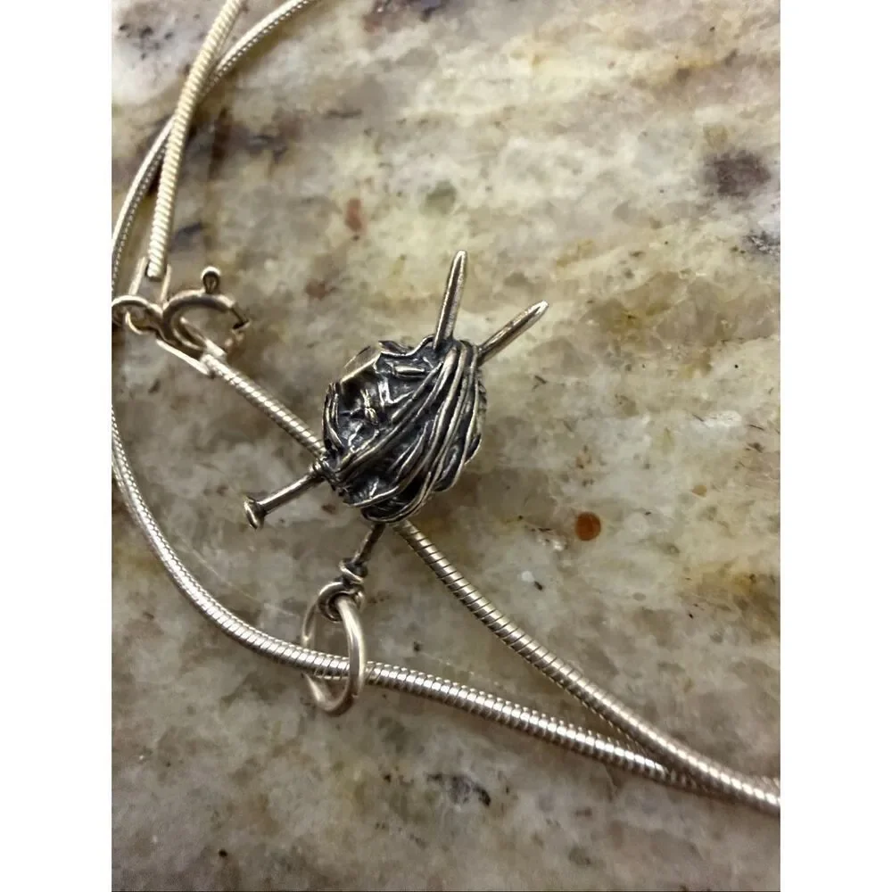 Sterling Silver Yarn Ball Knitting Pendant Necklace 8g Handmade Artisan